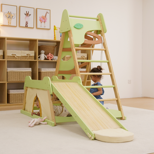 Avenlur Bush 6-in-1 Indoor Wooden Jungle Gym Climber – Montessori Toddler Playset with Slide, Rock Wall, Ladder & More