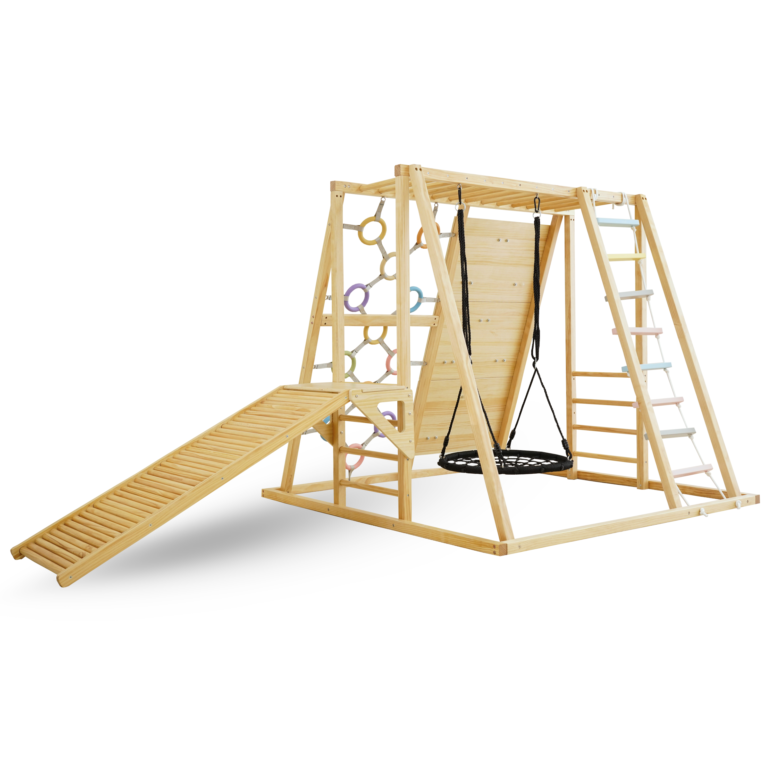 Avenlur Sweetgum Indoor Wooden Climber – Montessori 8-in-1 Playset with Slide, Swing, Rock Wall